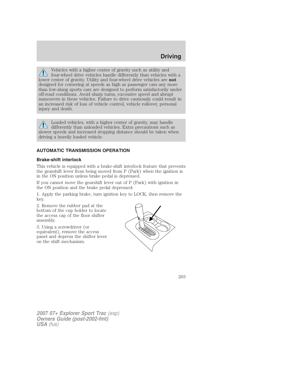 Automatic transmission operation, Brake-shift interlock, Transmission operation | Driving | FORD 2007 Explorer Sport Trac v.1 User Manual | Page 203 / 312