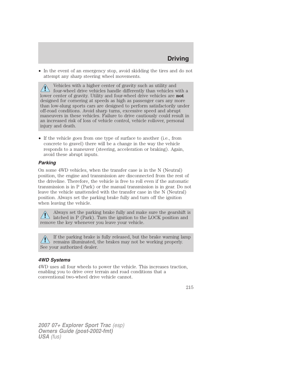 Parking, 4wd systems, Driving | FORD 2007 Explorer Sport Trac v.1 User Manual | Page 215 / 312