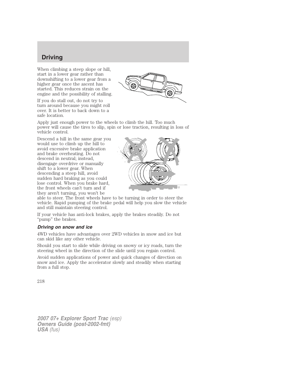 Driving on snow and ice, Driving | FORD 2007 Explorer Sport Trac v.1 User Manual | Page 218 / 312
