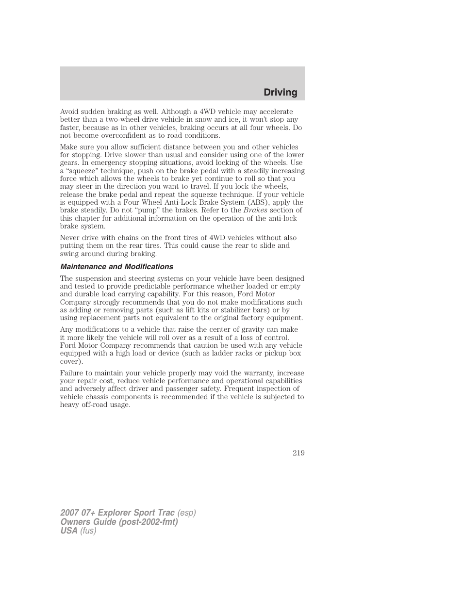 Maintenance and modifications, Driving | FORD 2007 Explorer Sport Trac v.1 User Manual | Page 219 / 312