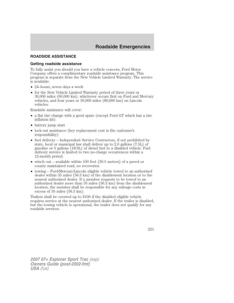 Roadside emergencies, Roadside assistance, Getting roadside assistance | FORD 2007 Explorer Sport Trac v.1 User Manual | Page 221 / 312