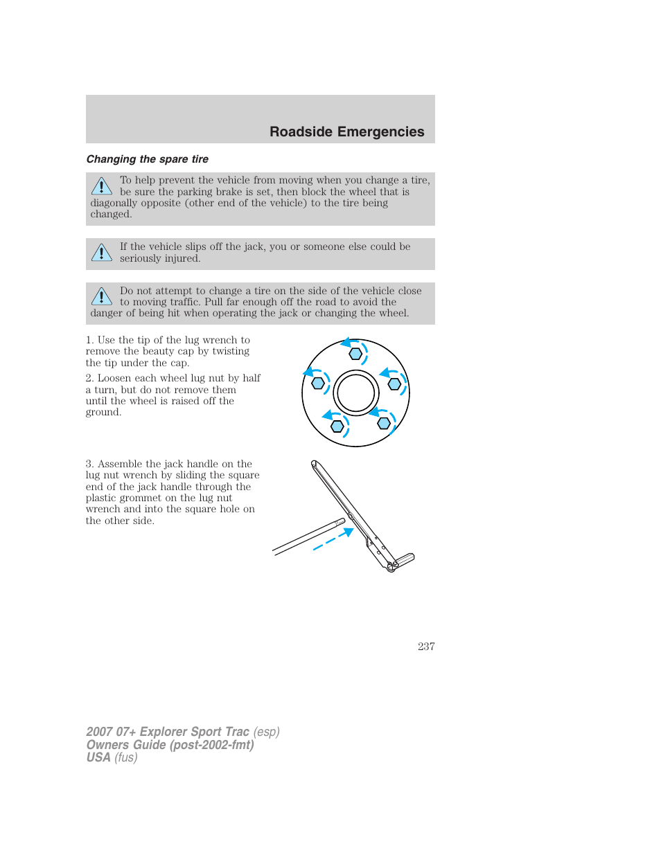 Changing the spare tire, Roadside emergencies | FORD 2007 Explorer Sport Trac v.1 User Manual | Page 237 / 312