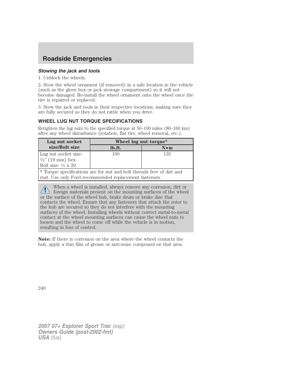 Stowing the jack and tools, Wheel lug nut torque specifications, Lug nut torque | Roadside emergencies | FORD 2007 Explorer Sport Trac v.1 User Manual | Page 240 / 312