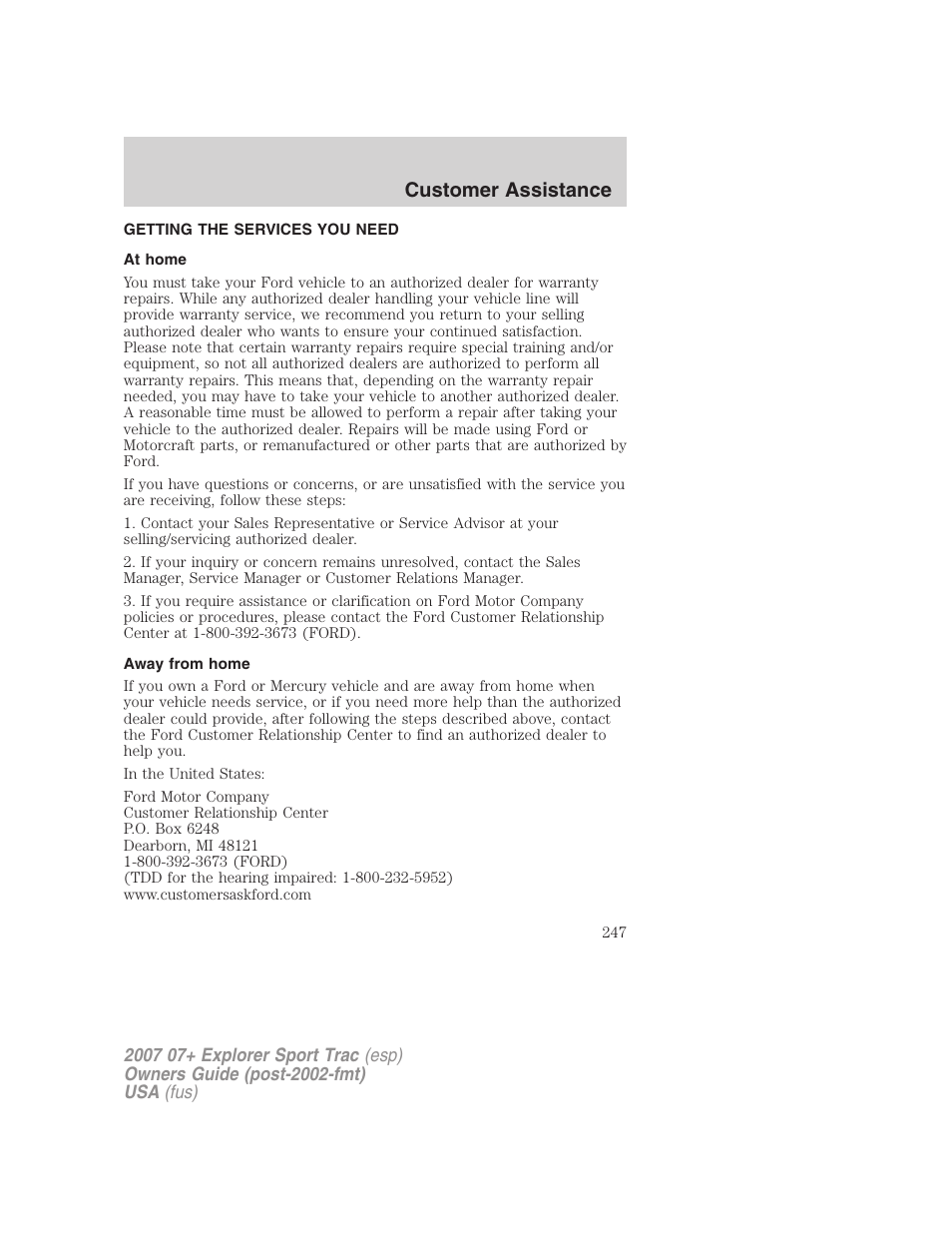 Customer assistance, Getting the services you need, At home | Away from home | FORD 2007 Explorer Sport Trac v.1 User Manual | Page 247 / 312