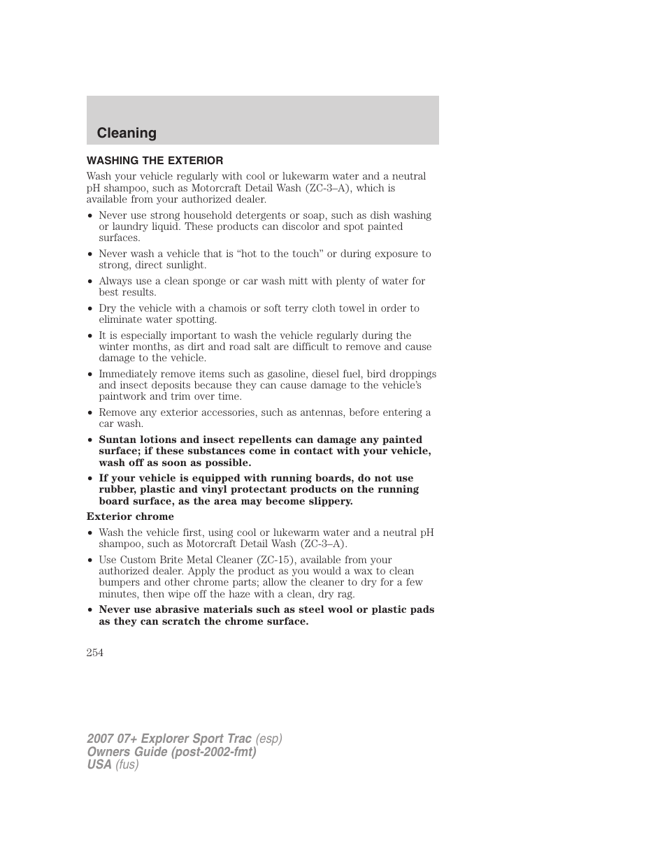 Cleaning, Washing the exterior | FORD 2007 Explorer Sport Trac v.1 User Manual | Page 254 / 312