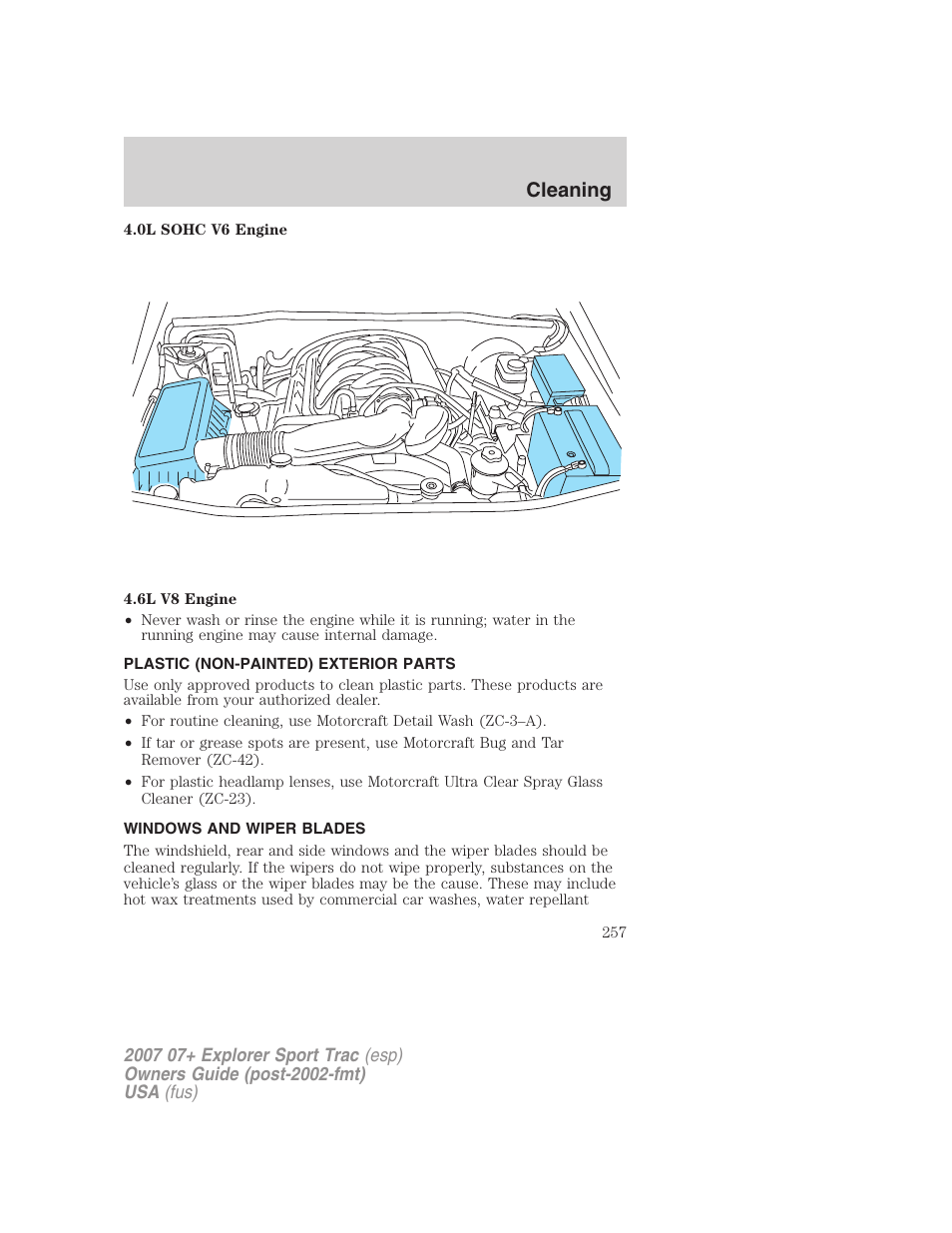 Plastic (non-painted) exterior parts, Windows and wiper blades, Cleaning | FORD 2007 Explorer Sport Trac v.1 User Manual | Page 257 / 312