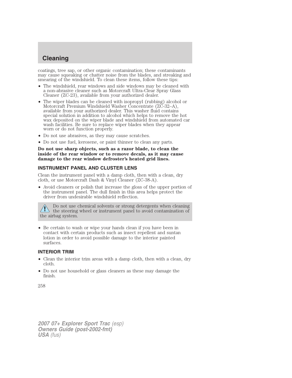 Instrument panel and cluster lens, Interior trim, Cleaning | FORD 2007 Explorer Sport Trac v.1 User Manual | Page 258 / 312