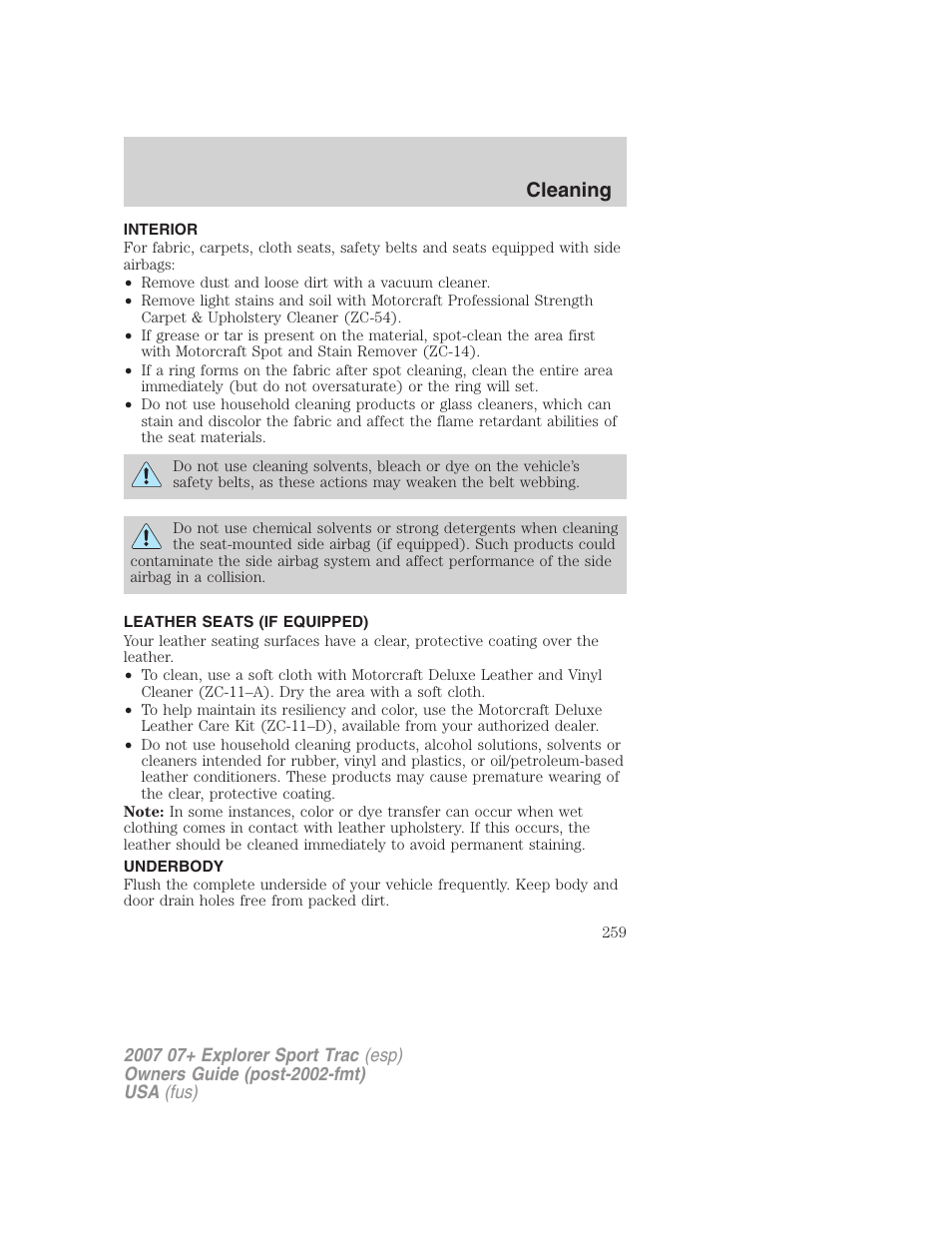 Interior, Leather seats (if equipped), Underbody | Cleaning | FORD 2007 Explorer Sport Trac v.1 User Manual | Page 259 / 312