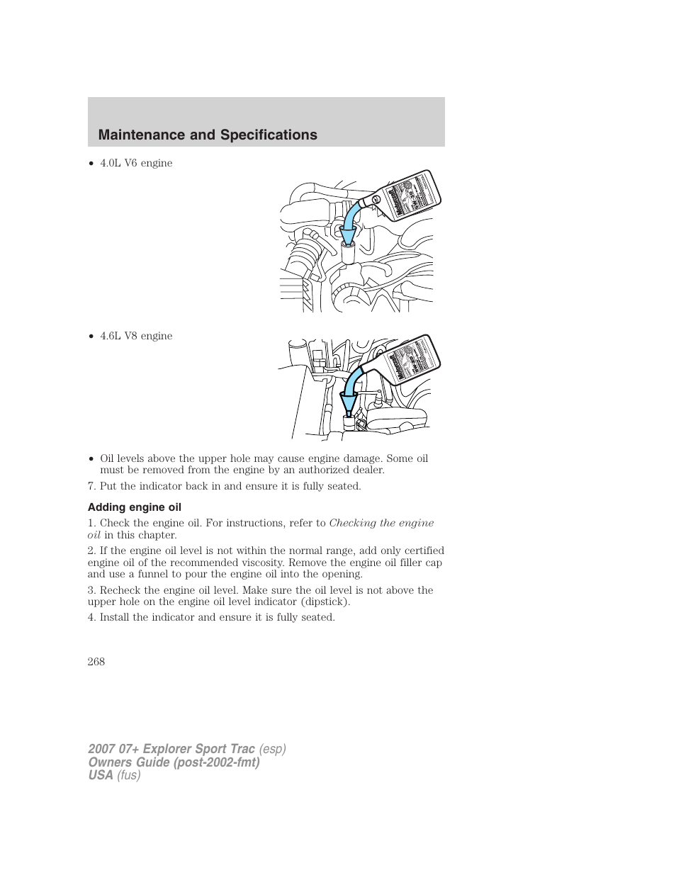 Adding engine oil, Maintenance and specifications | FORD 2007 Explorer Sport Trac v.1 User Manual | Page 268 / 312