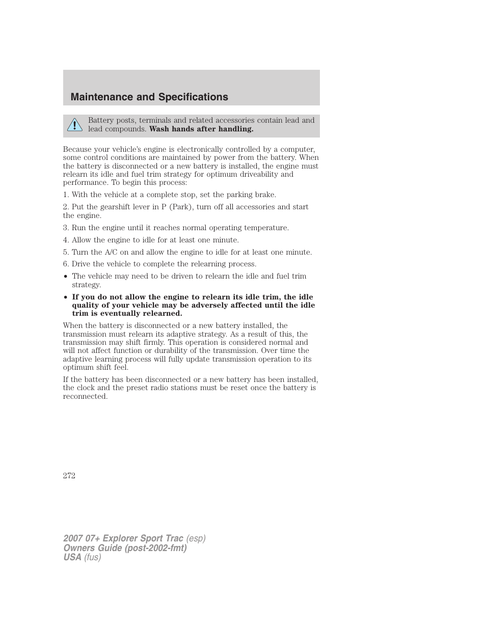 Maintenance and specifications | FORD 2007 Explorer Sport Trac v.1 User Manual | Page 272 / 312