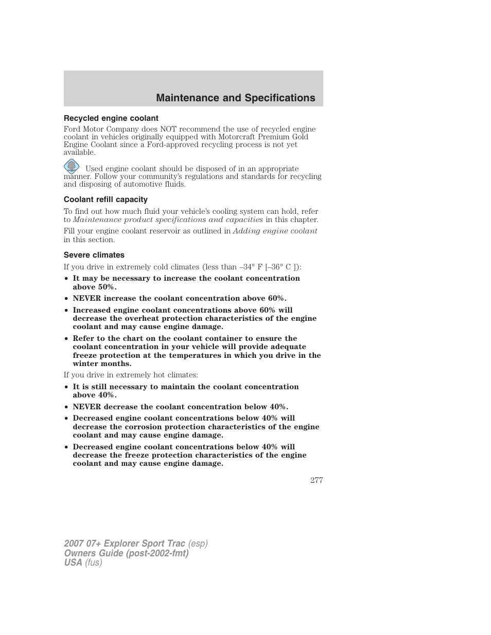 Recycled engine coolant, Coolant refill capacity, Severe climates | Maintenance and specifications | FORD 2007 Explorer Sport Trac v.1 User Manual | Page 277 / 312