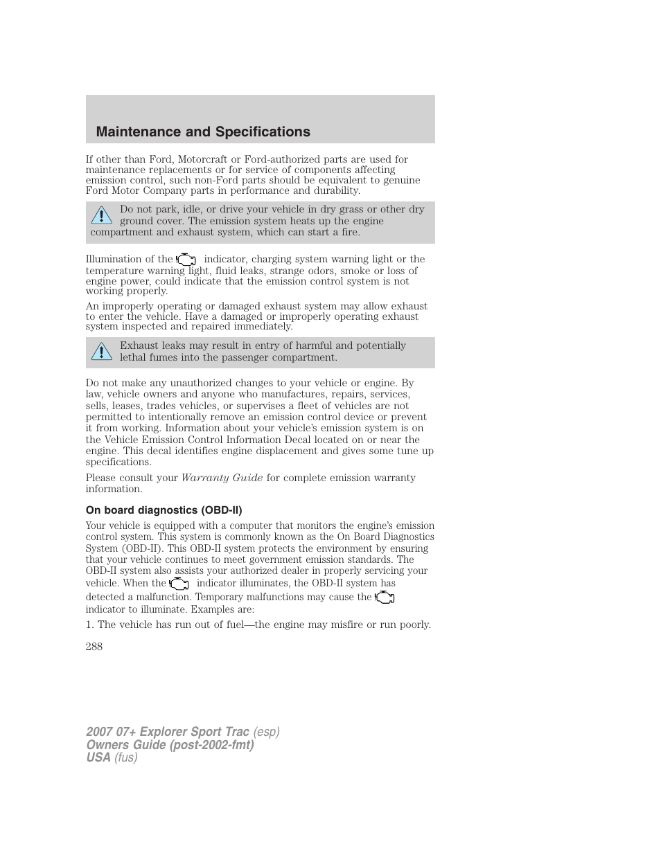 On board diagnostics (obd-ii), Maintenance and specifications | FORD 2007 Explorer Sport Trac v.1 User Manual | Page 288 / 312