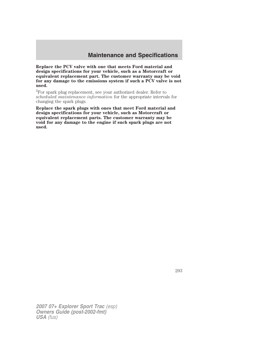 Maintenance product specifications and capacities, Maintenance and specifications | FORD 2007 Explorer Sport Trac v.1 User Manual | Page 293 / 312