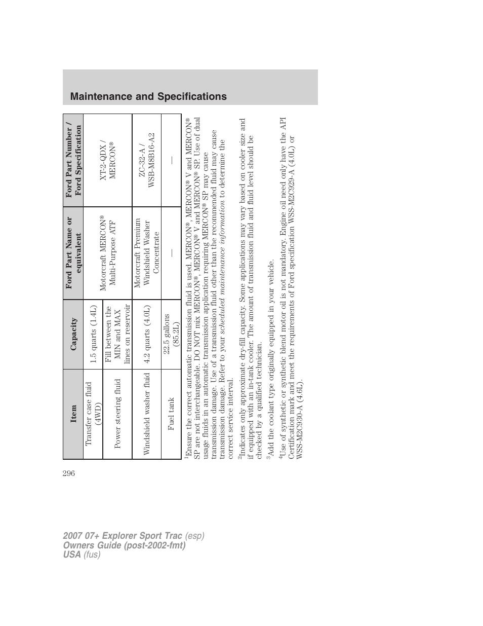 Maintenance and specifications | FORD 2007 Explorer Sport Trac v.1 User Manual | Page 296 / 312