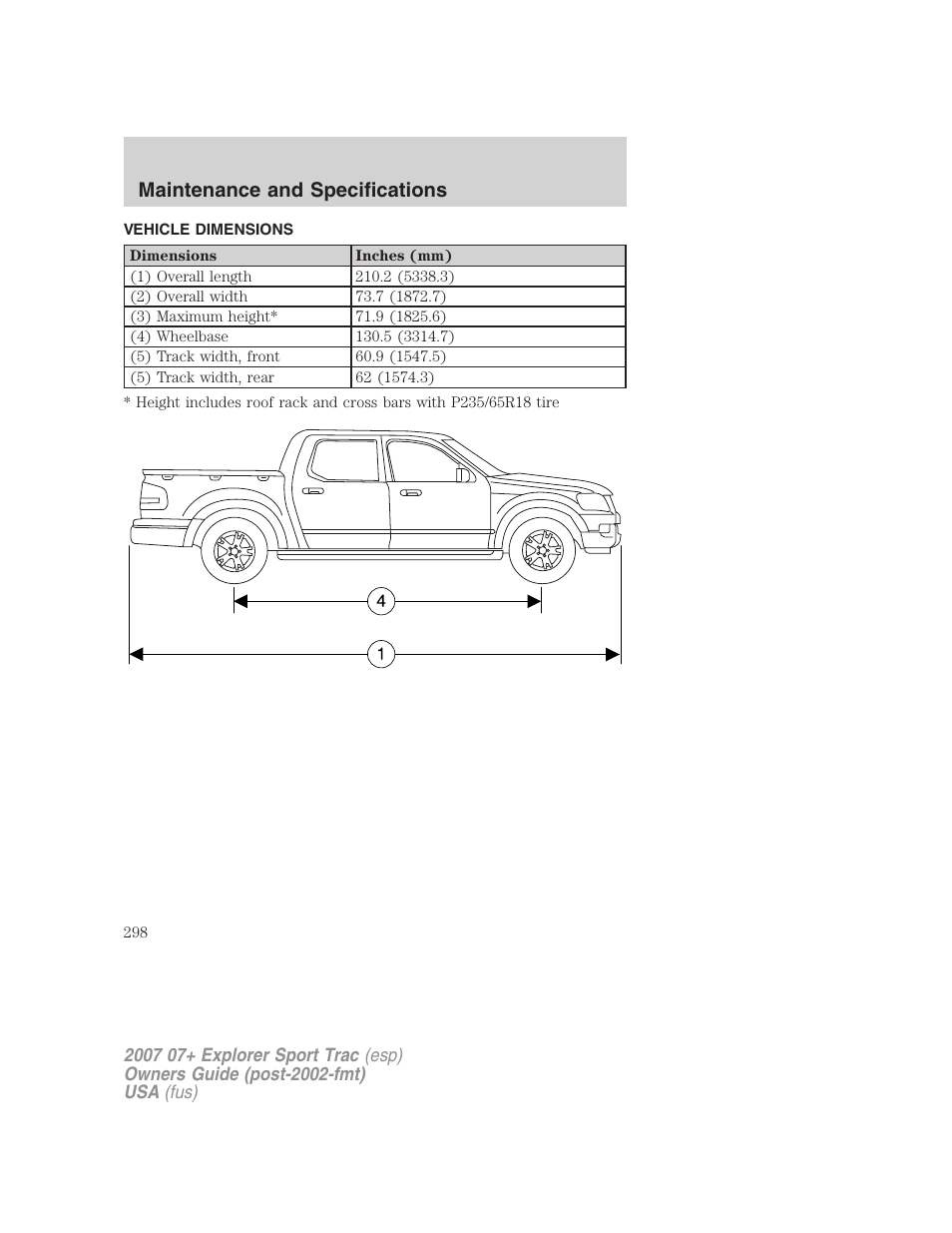 Vehicle dimensions, Maintenance and specifications | FORD 2007 Explorer Sport Trac v.1 User Manual | Page 298 / 312