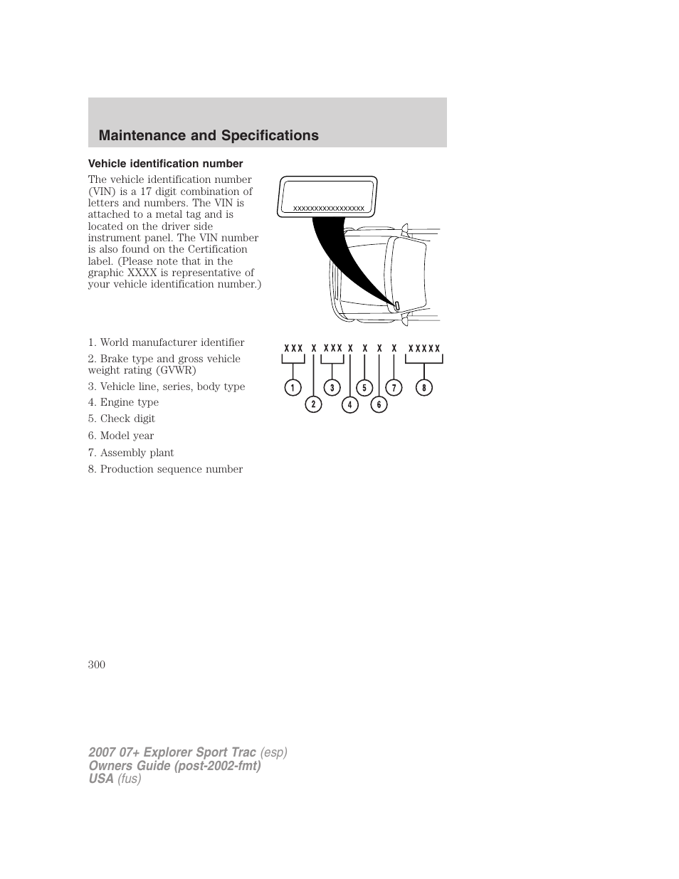 Vehicle identification number, Maintenance and specifications | FORD 2007 Explorer Sport Trac v.1 User Manual | Page 300 / 312