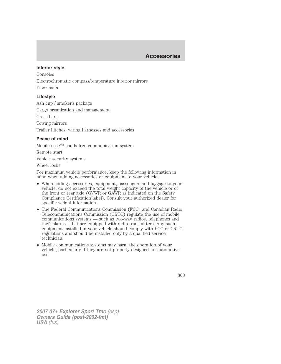 Interior style, Lifestyle, Peace of mind | Accessories | FORD 2007 Explorer Sport Trac v.1 User Manual | Page 303 / 312