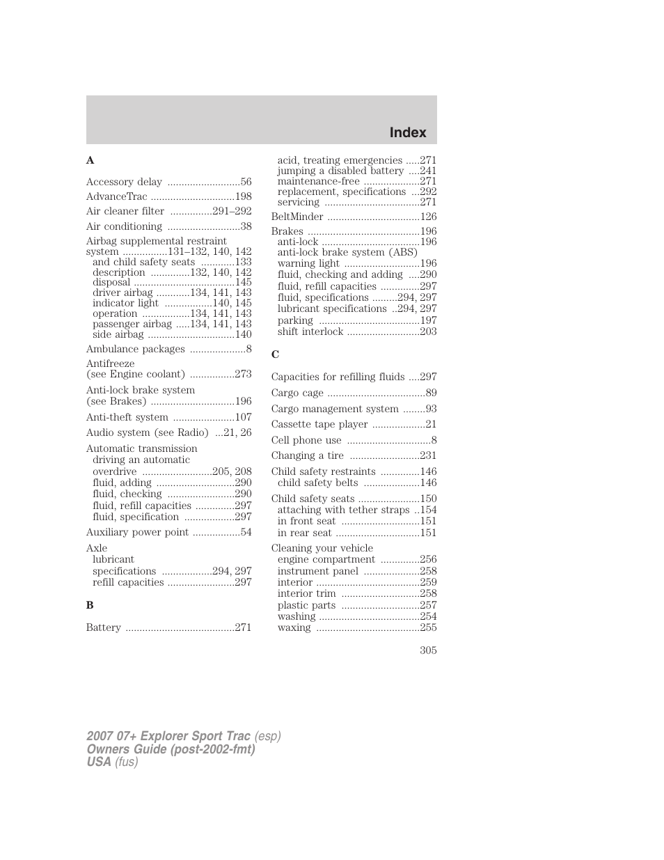 Index | FORD 2007 Explorer Sport Trac v.1 User Manual | Page 305 / 312