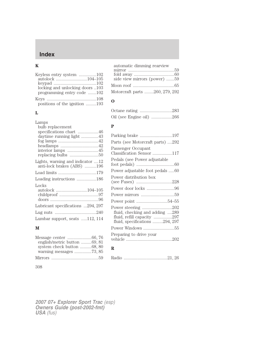 Index | FORD 2007 Explorer Sport Trac v.1 User Manual | Page 308 / 312