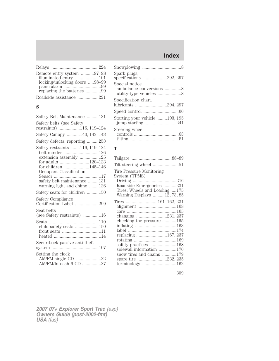 Index | FORD 2007 Explorer Sport Trac v.1 User Manual | Page 309 / 312