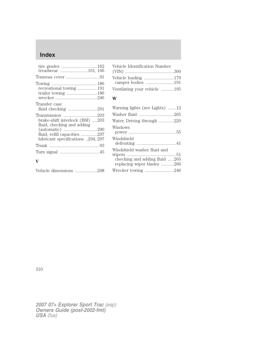 Index | FORD 2007 Explorer Sport Trac v.1 User Manual | Page 310 / 312
