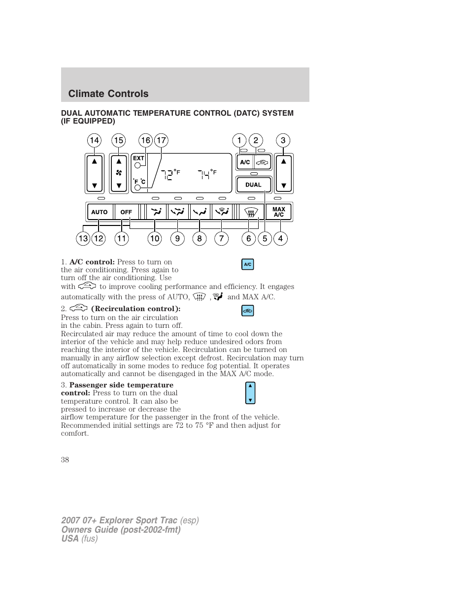 Automatic temperature control, Climate controls | FORD 2007 Explorer Sport Trac v.1 User Manual | Page 38 / 312