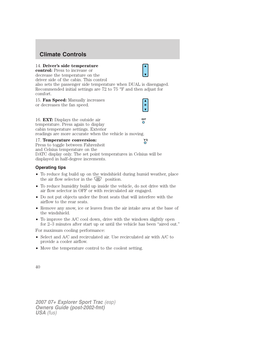 Operating tips, Climate controls | FORD 2007 Explorer Sport Trac v.1 User Manual | Page 40 / 312