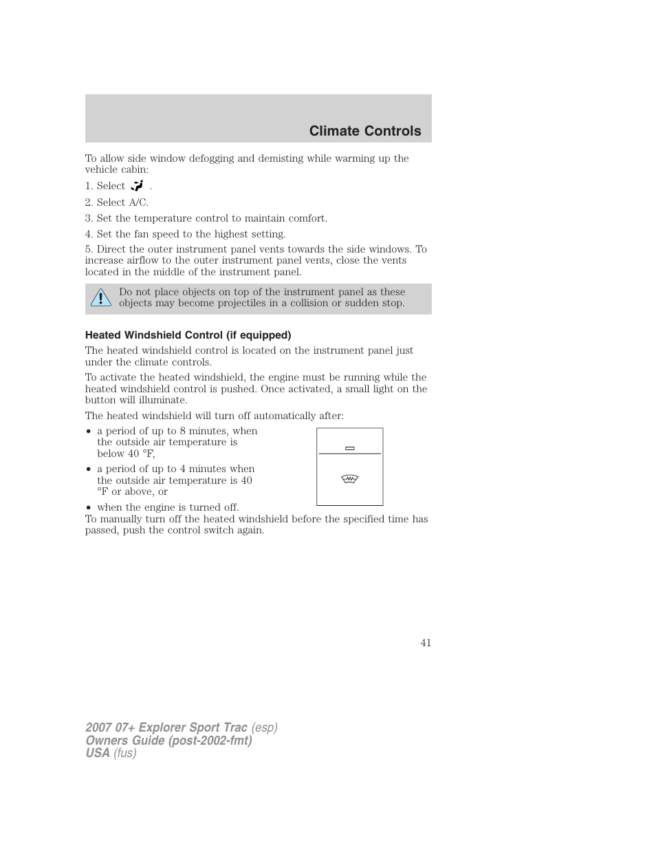 Heated windshield control (if equipped), Climate controls | FORD 2007 Explorer Sport Trac v.1 User Manual | Page 41 / 312