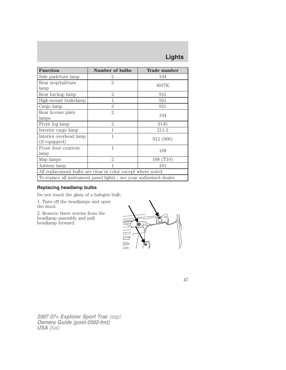 Replacing headlamp bulbs, Lights | FORD 2007 Explorer Sport Trac v.1 User Manual | Page 47 / 312