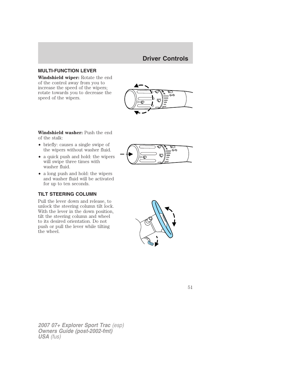 Driver controls, Multi-function lever, Tilt steering column | Windshield wiper/washer control, Steering wheel adjustment | FORD 2007 Explorer Sport Trac v.1 User Manual | Page 51 / 312