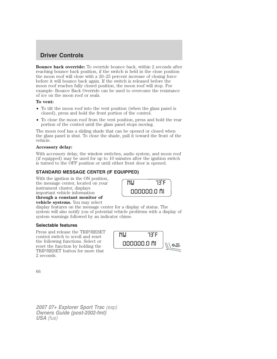 Standard message center (if equipped), Selectable features, Message center | Driver controls | FORD 2007 Explorer Sport Trac v.1 User Manual | Page 66 / 312