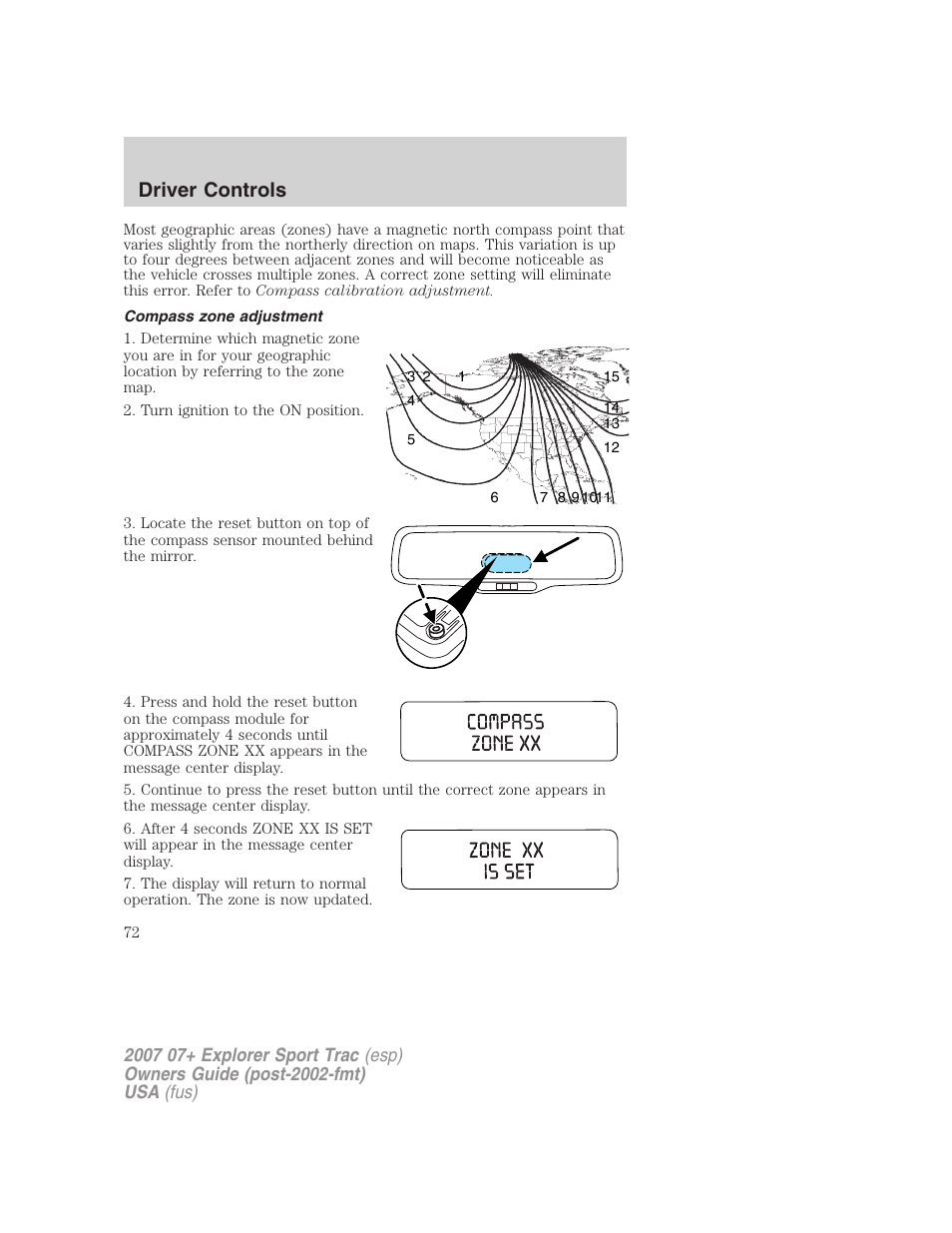 Compass zone adjustment, Driver controls | FORD 2007 Explorer Sport Trac v.1 User Manual | Page 72 / 312