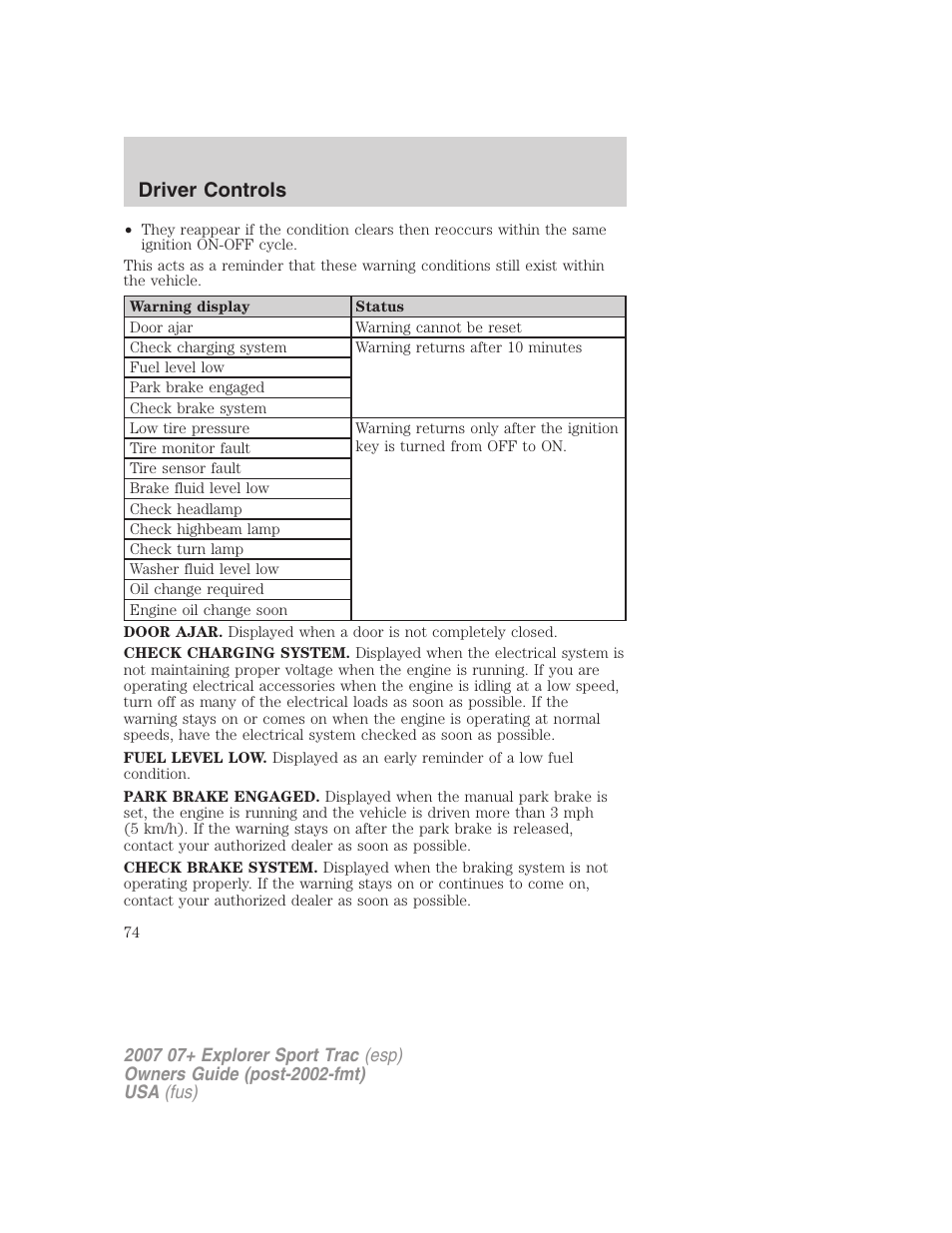 Driver controls | FORD 2007 Explorer Sport Trac v.1 User Manual | Page 74 / 312