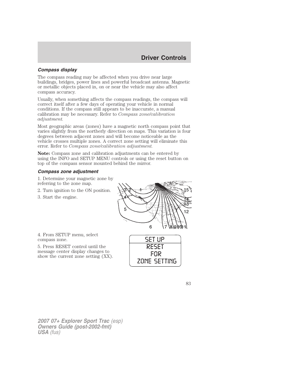 Compass display, Compass zone adjustment, Driver controls | FORD 2007 Explorer Sport Trac v.1 User Manual | Page 83 / 312