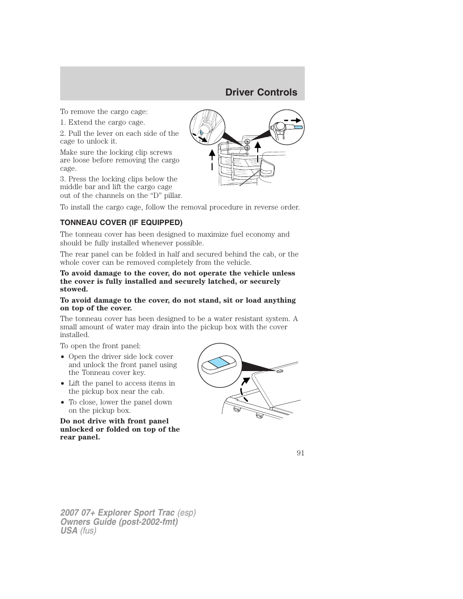 Tonneau cover (if equipped), Driver controls | FORD 2007 Explorer Sport Trac v.1 User Manual | Page 91 / 312