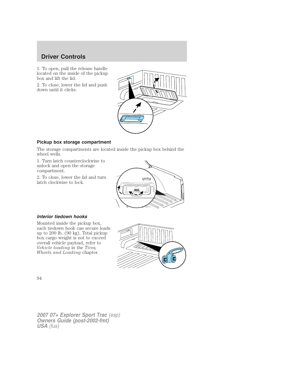 Pickup box storage compartment, Interior tiedown hooks, Driver controls | FORD 2007 Explorer Sport Trac v.1 User Manual | Page 94 / 312