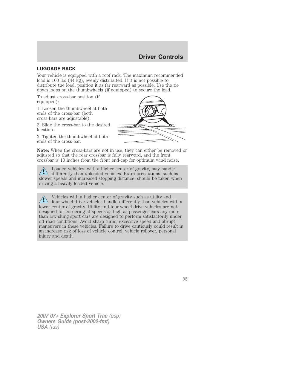 Luggage rack, Driver controls | FORD 2007 Explorer Sport Trac v.1 User Manual | Page 95 / 312