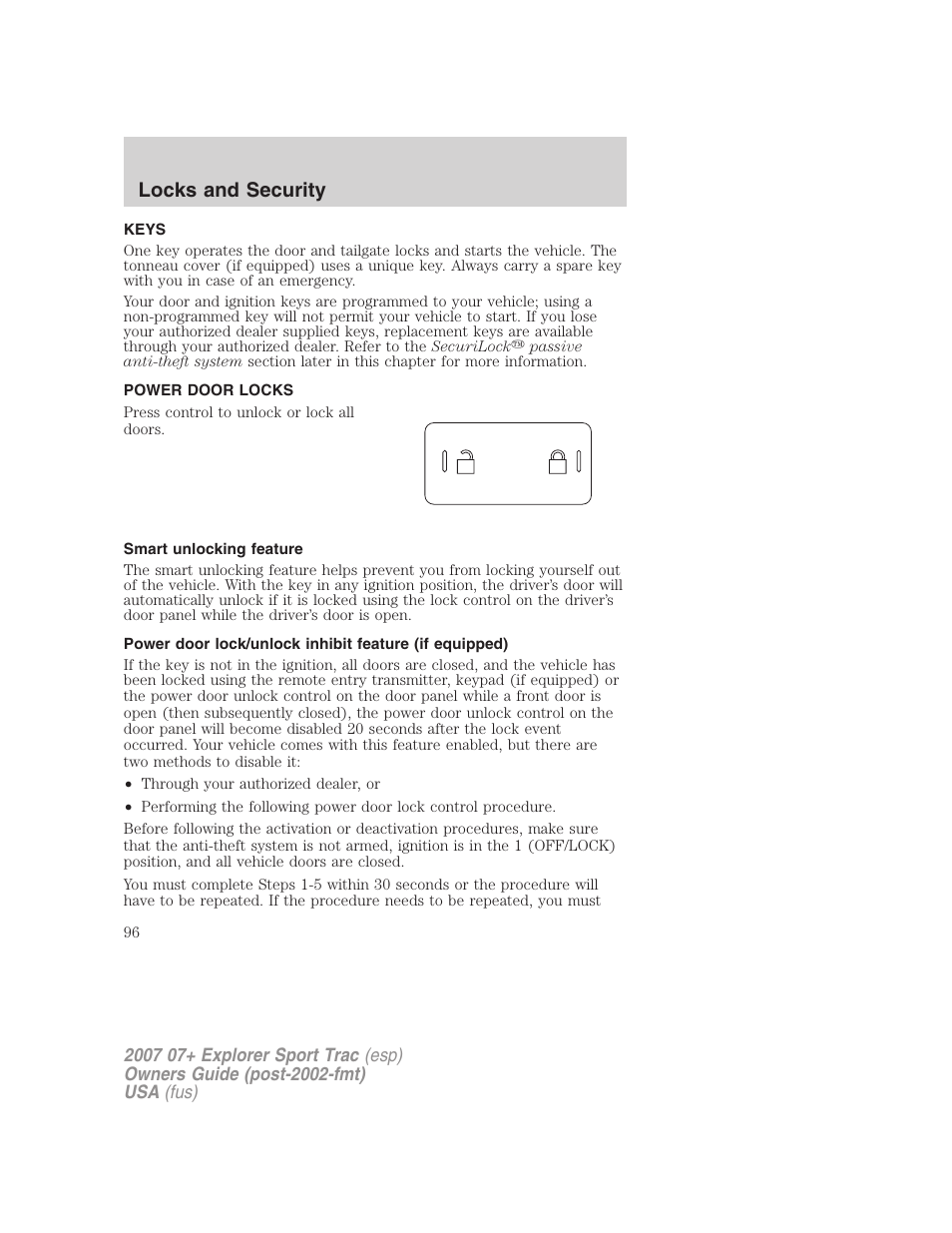 Locks and security, Keys, Power door locks | Smart unlocking feature, Locks | FORD 2007 Explorer Sport Trac v.1 User Manual | Page 96 / 312