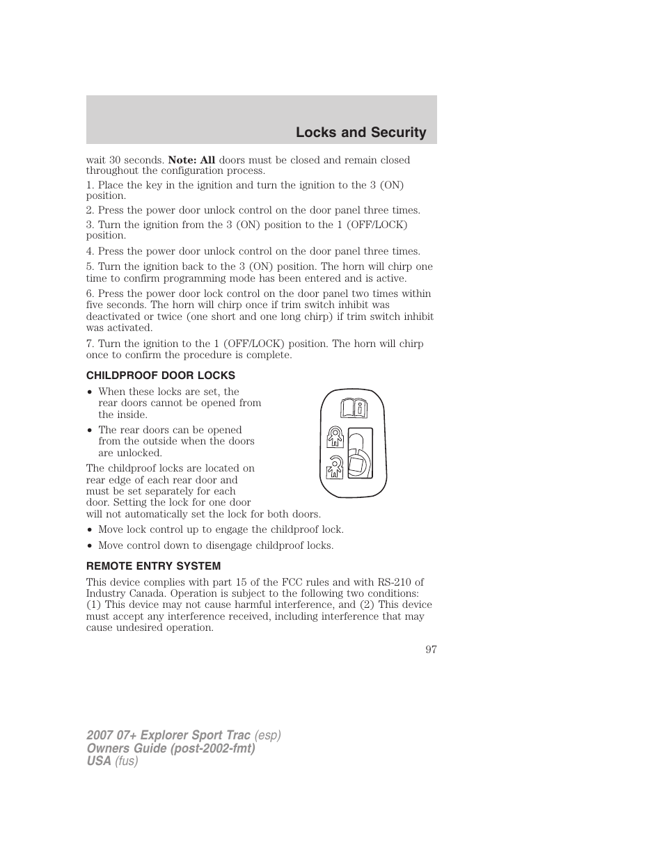 Childproof door locks, Remote entry system, Locks and security | FORD 2007 Explorer Sport Trac v.1 User Manual | Page 97 / 312