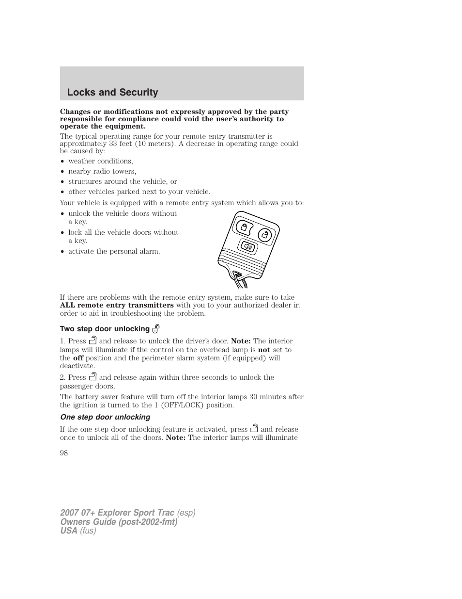 Two step door unlocking, One step door unlocking, Locks and security | FORD 2007 Explorer Sport Trac v.1 User Manual | Page 98 / 312