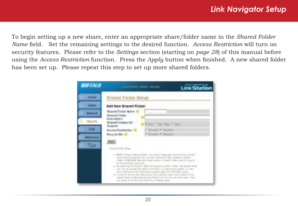 Link navigator setup | Buffalo Technology LINKSTATION HD-HLAN User Manual | Page 20 / 70