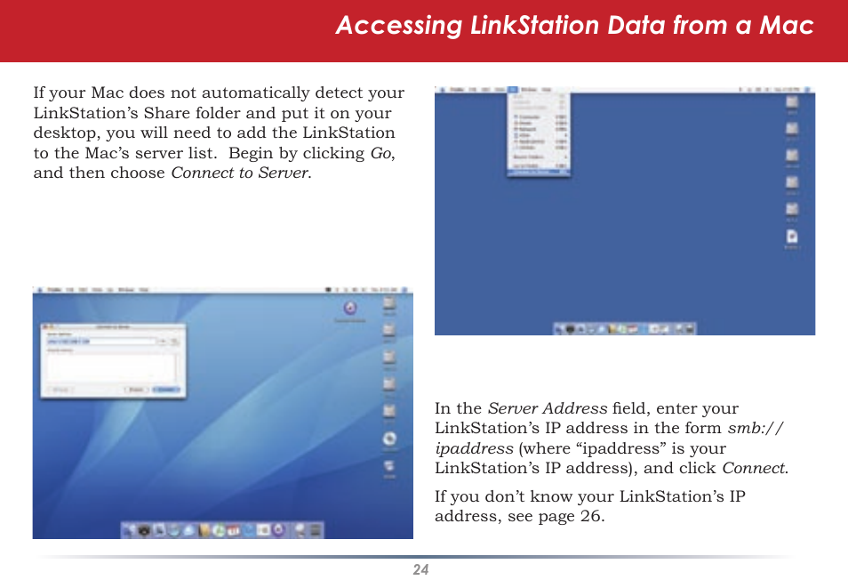 Accessing linkstation data from a mac | Buffalo Technology LINKSTATION HD-HLAN User Manual | Page 24 / 70