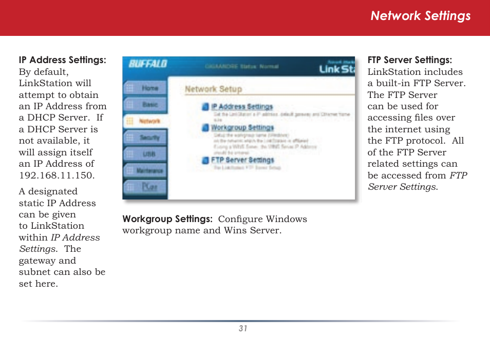 Network settings | Buffalo Technology LINKSTATION HD-HLAN User Manual | Page 31 / 70
