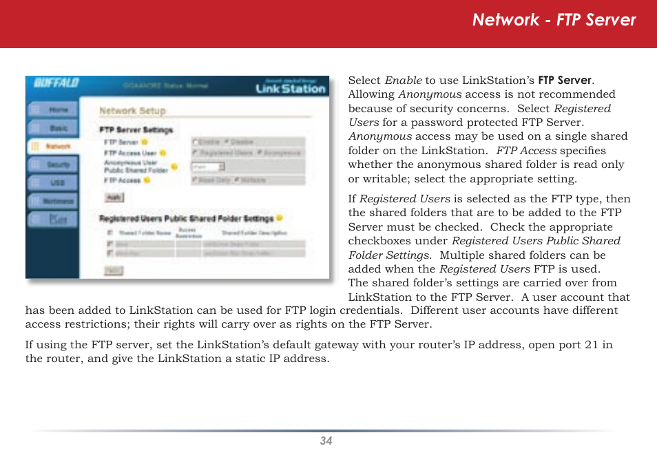 Network - ftp server | Buffalo Technology LINKSTATION HD-HLAN User Manual | Page 34 / 70