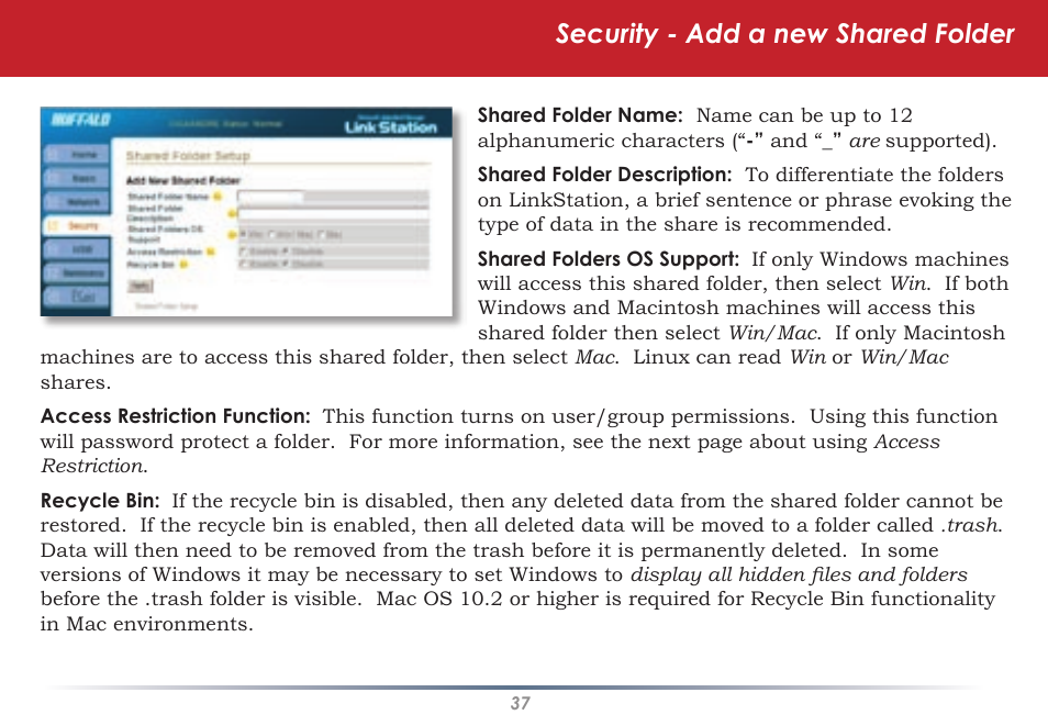 Security - add a new shared folder | Buffalo Technology LINKSTATION HD-HLAN User Manual | Page 37 / 70