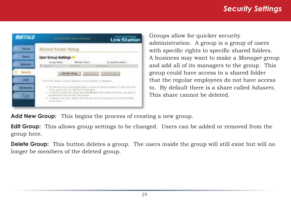 Security settings | Buffalo Technology LINKSTATION HD-HLAN User Manual | Page 39 / 70
