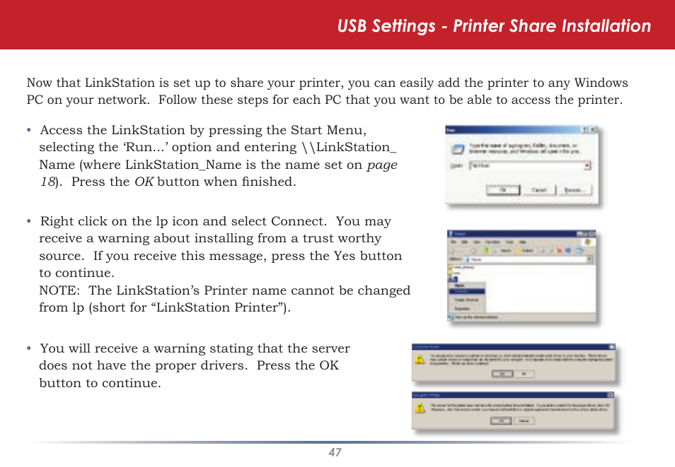 Usb settings - printer share installation | Buffalo Technology LINKSTATION HD-HLAN User Manual | Page 47 / 70