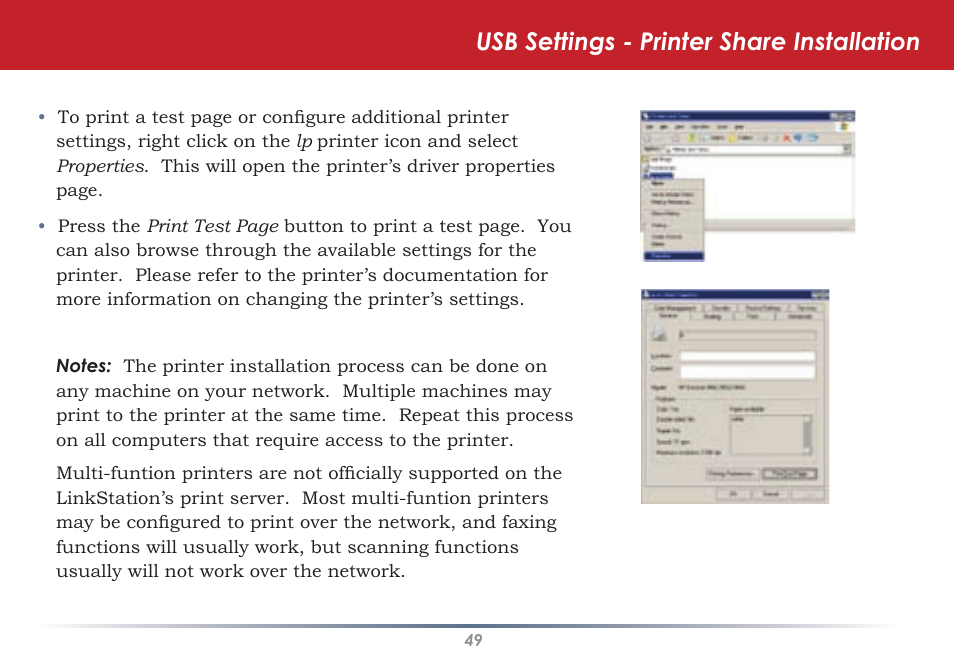 Usb settings - printer share installation | Buffalo Technology LINKSTATION HD-HLAN User Manual | Page 49 / 70