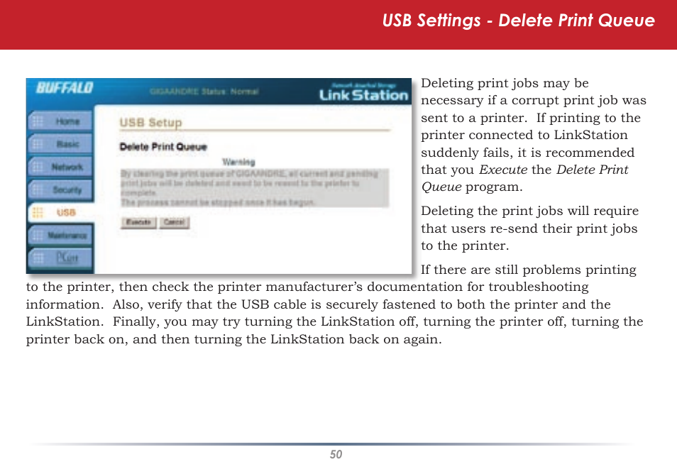 Usb settings - delete print queue | Buffalo Technology LINKSTATION HD-HLAN User Manual | Page 50 / 70