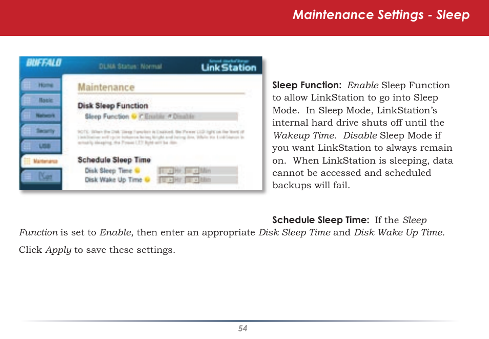 Maintenance settings - sleep | Buffalo Technology LINKSTATION HD-HLAN User Manual | Page 54 / 70